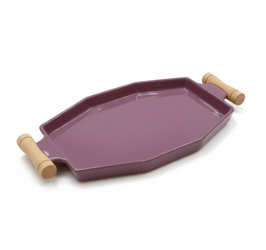 Modern Octagonal Ceramic Serving Tray with Natural Wood Handles – Elegant Mauve/Plum Glaze
