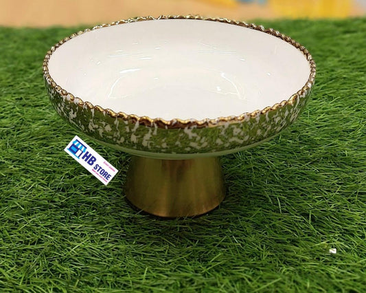 Luxury Gold Pedestal Serving Bowl with Green Splash Accent