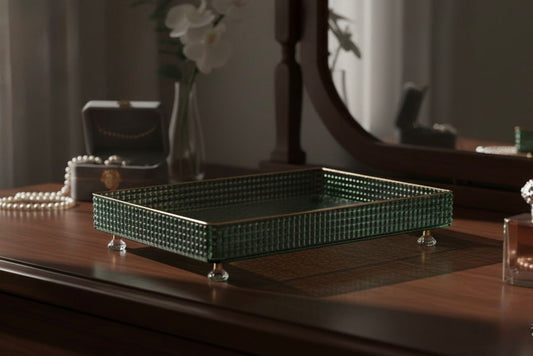 The Luxe Checkered Vanity Tray | Elegant Green and Gold Glass/Resin Organizer with Crystal Feet