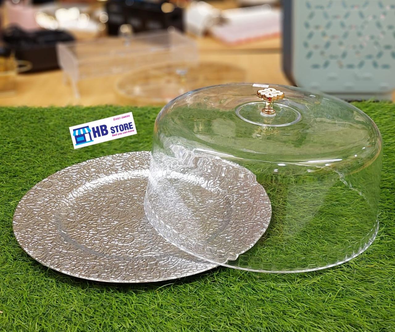 Embossed Silver Plate and Clear Cake Dome Set