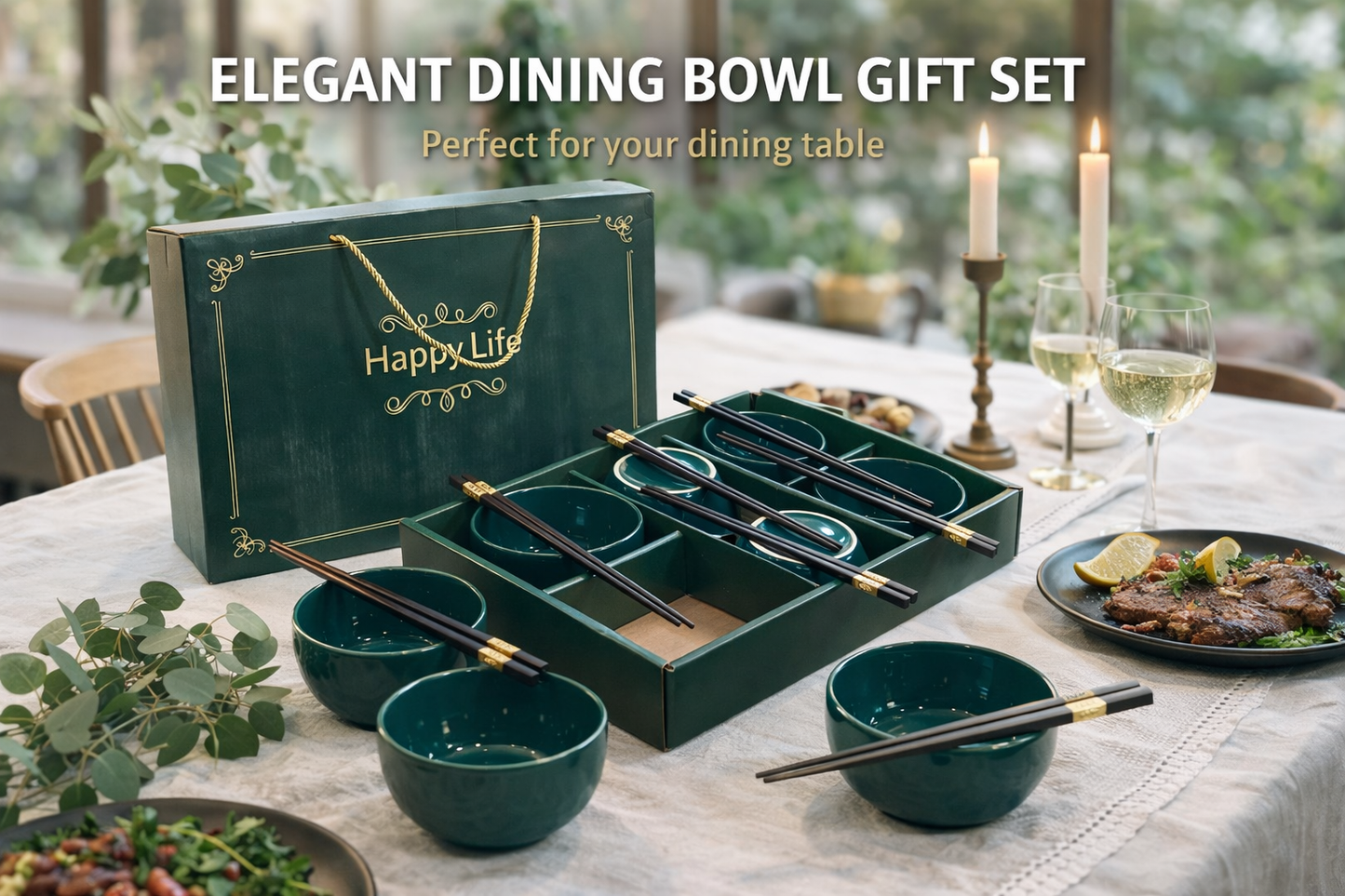 Elegant “Happy Life” Ceramic Bowl Gift Set – 6 Bowls with Luxury Gold-Accent Chopsticks