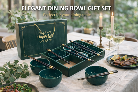 Elegant “Happy Life” Ceramic Bowl Gift Set – 6 Bowls with Luxury Gold-Accent Chopsticks