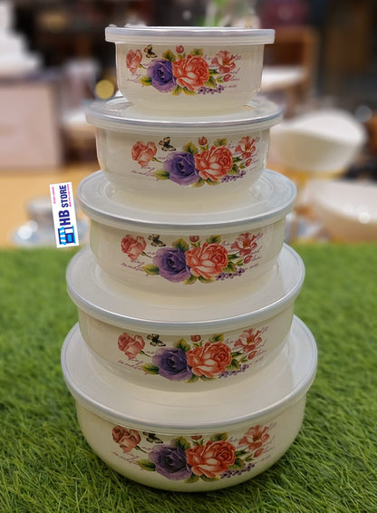 5 pieces enamel bowl with lid bearing container cuisine stocks fruits salads for