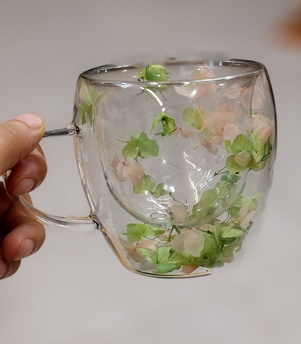 Double-Walled Glass Mug with Embedded Dried Flowers