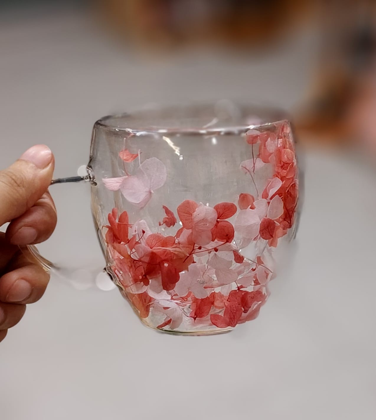 Double-Walled Glass Mug with Embedded Dried Flowers