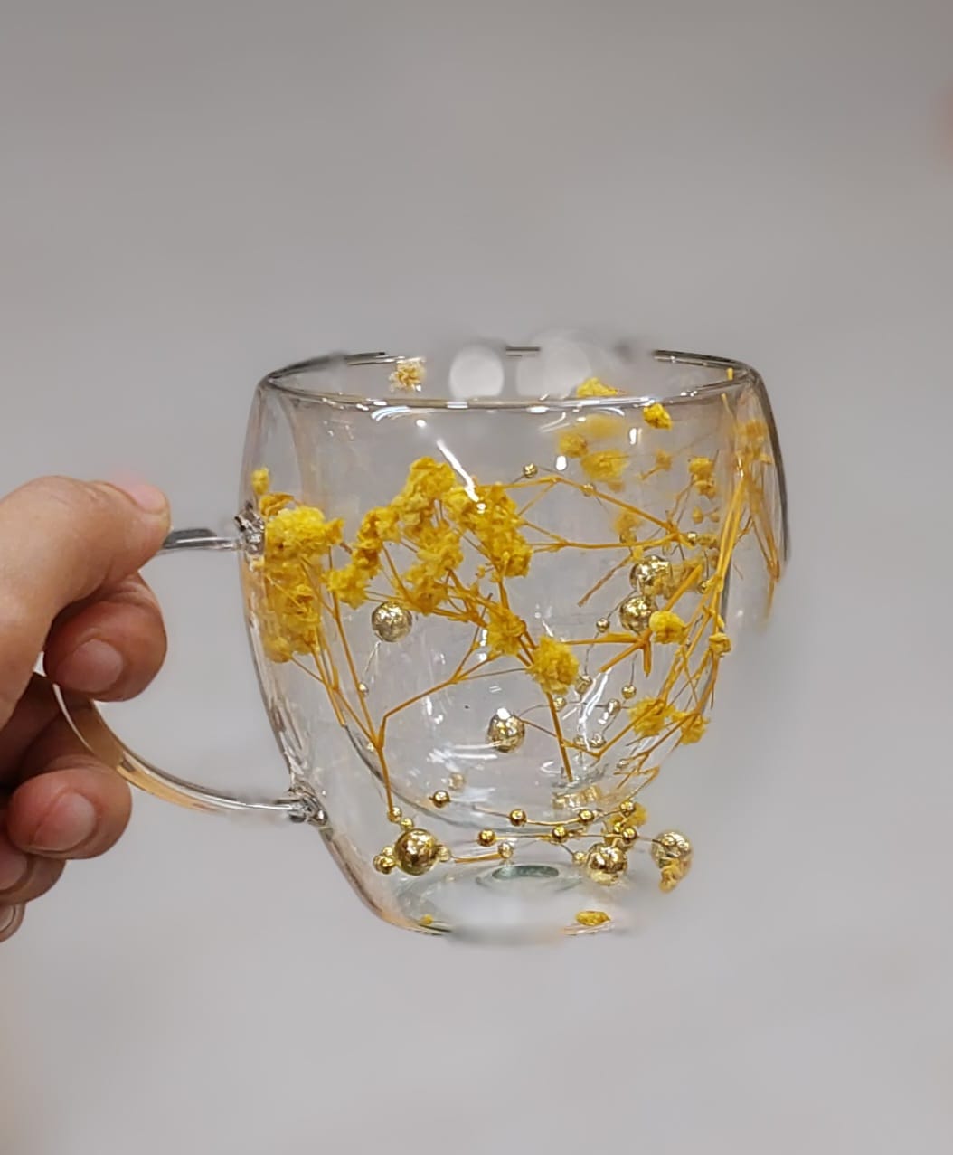Double-Walled Glass Mug with Embedded Dried Flowers