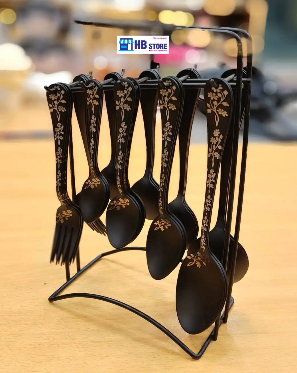 Matte Black & Gold Hanging Cutlery Set with Display Stand