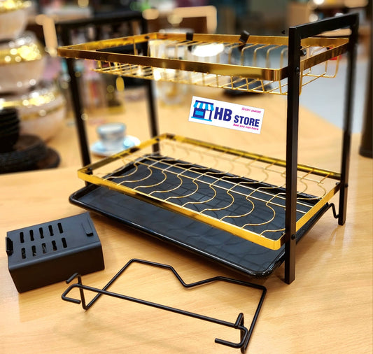 Metal dish rack, 2 tiers, black n gold