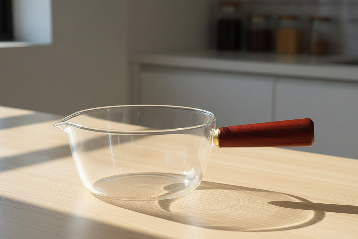 Clear Borosilicate Glass Cooking Pot with Wooden Handle