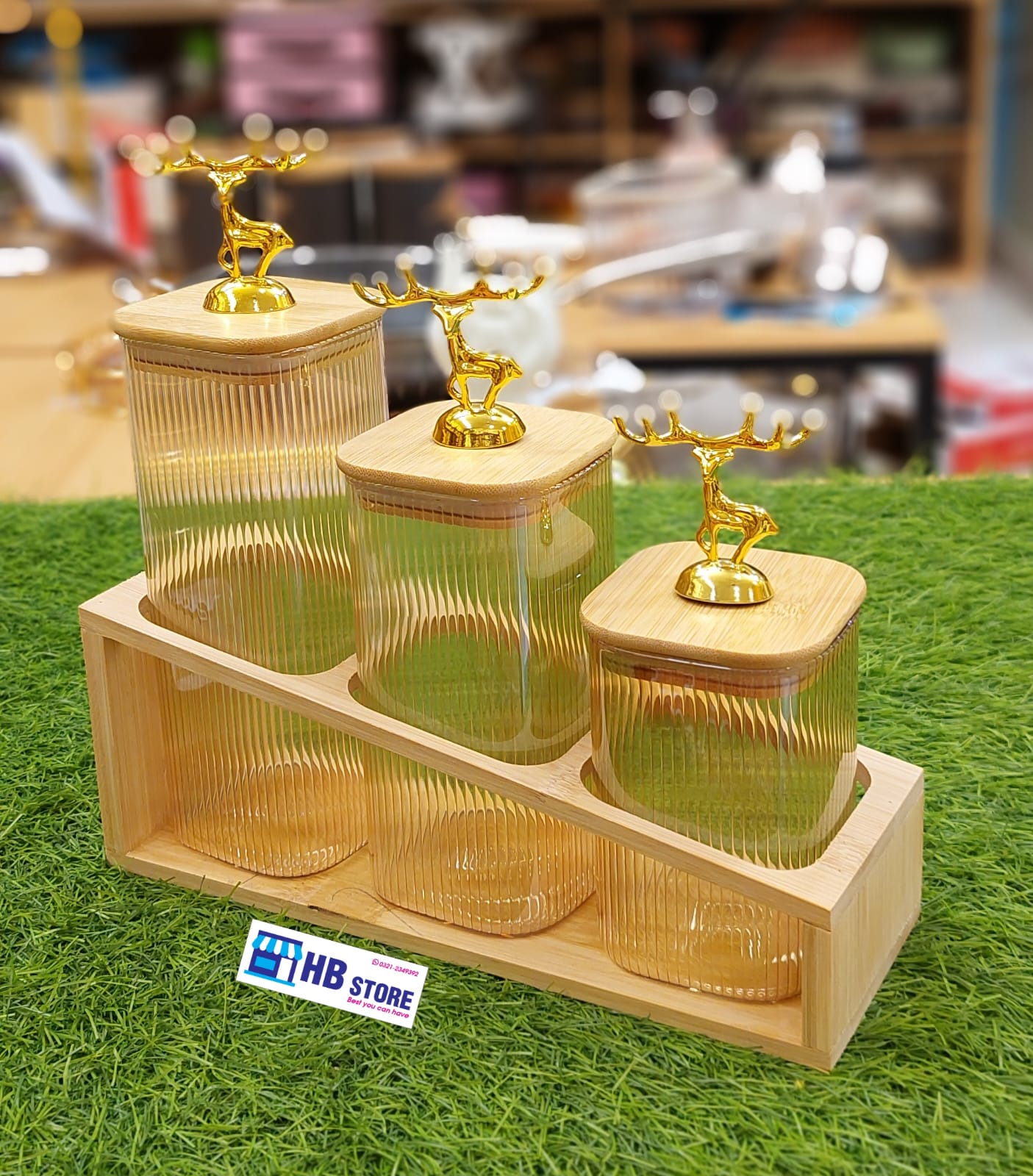 Wooden Stand Glass Jar Trio – Bamboo Lid Storage Set