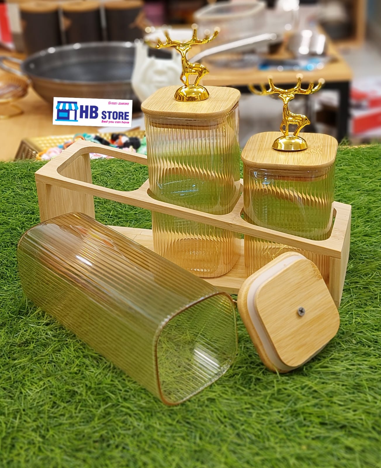 Wooden Stand Glass Jar Trio – Bamboo Lid Storage Set