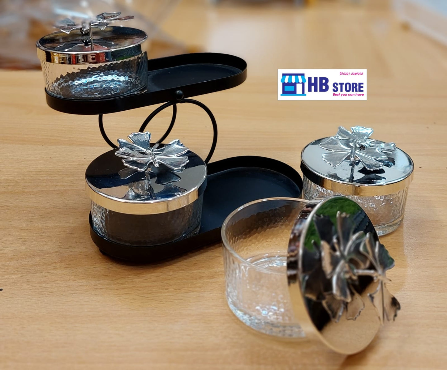 Elegant Glass Serving Jars with Silver Floral Lids and Metal Stand 4-Piece Tiered Stand & 2-Piece Handle Stand