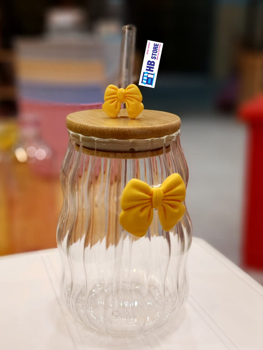 Elegant Bowknot Glass Cup with Lid & Straw - Wavy Striped Reusable Drinkware