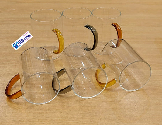 Set of 6 Clear Glass Mugs with Colored Handles