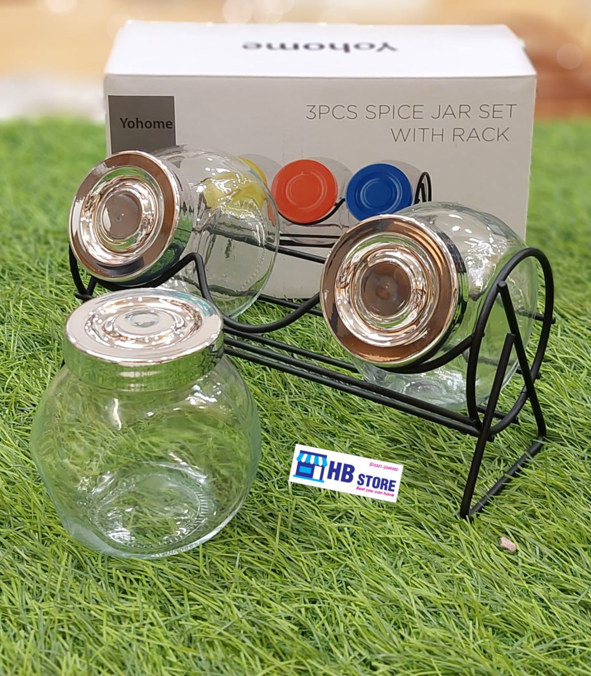 3-Piece Glass Spice Jar Set with Metal Rack – HBStore