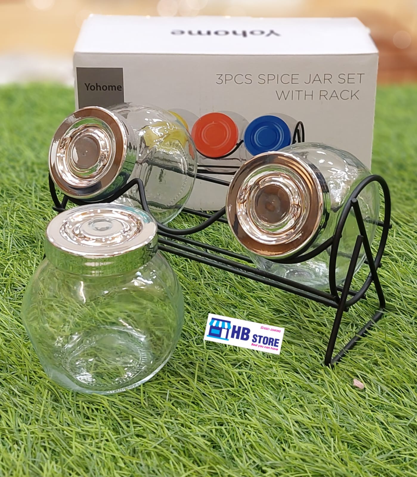 3-Piece Glass Spice Jar Set with Metal Rack