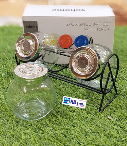 3-Piece Glass Spice Jar Set with Metal Rack