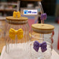 Elegant Bowknot Glass Cup with Lid & Straw - Wavy Striped Reusable Drinkware