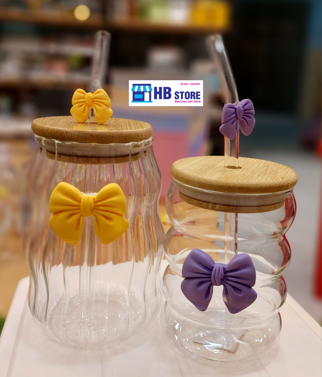 Elegant Bowknot Glass Cup with Lid & Straw - Wavy Striped Reusable Drinkware