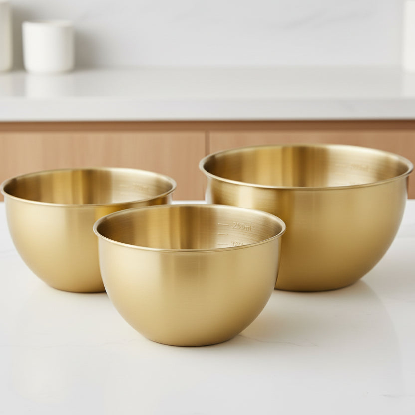 Stainless Steel Gold Mixing Bowls with Measurement Marks.