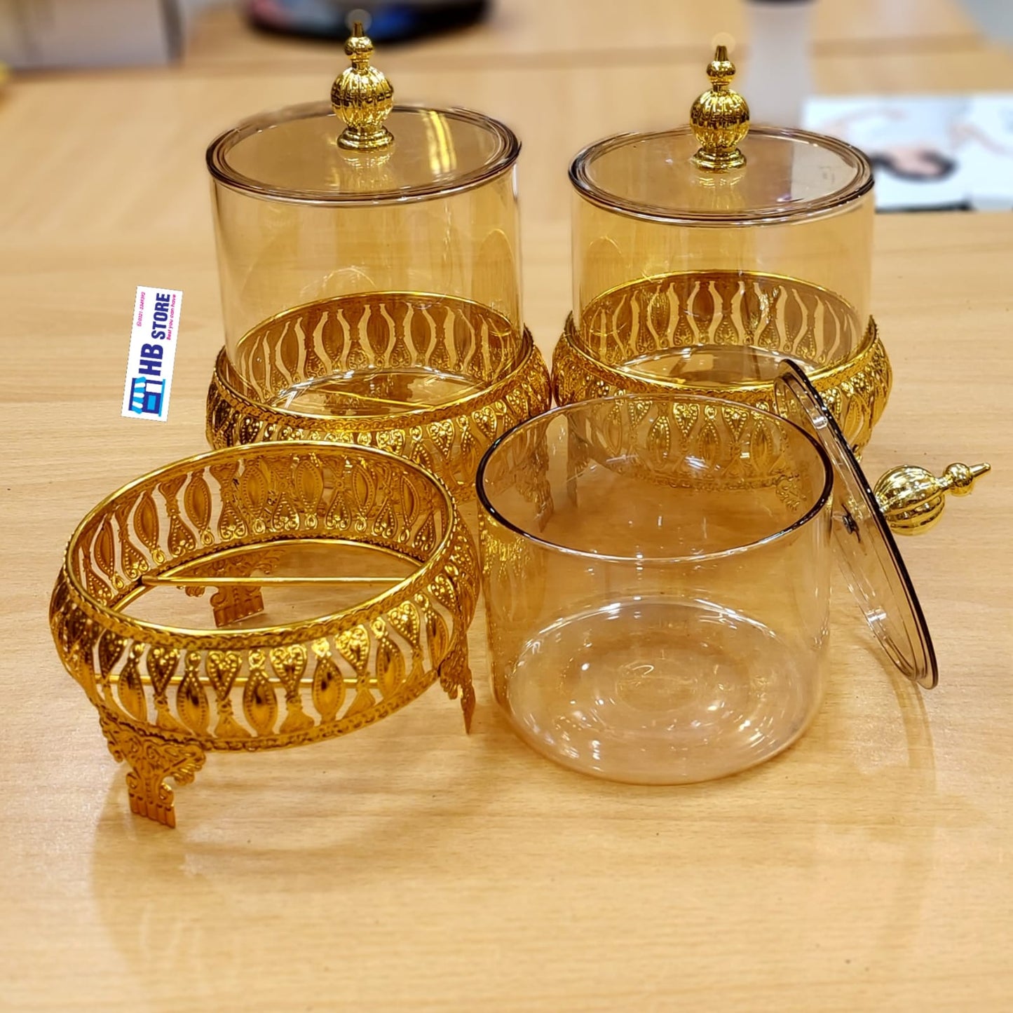 Luxury Gold Filigree & Amber Glass/Acrylic Storage Jar Set