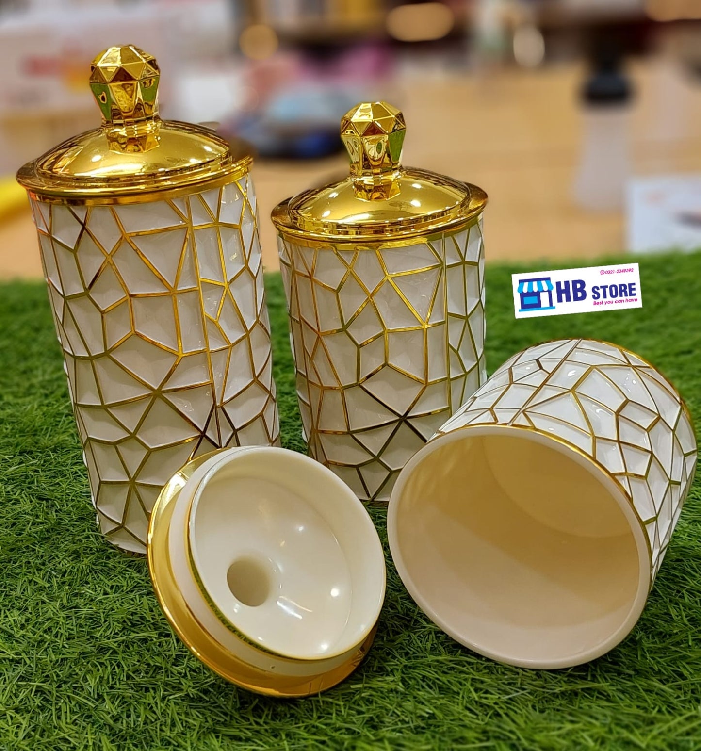 Luxury White and Gold Geo Storage Jars (Set of 3)