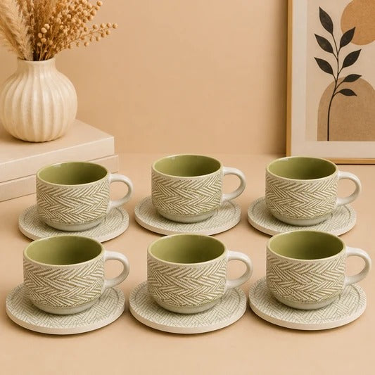 Danny Home Patterned Ceramic Cup and Saucer Set – 6 Pieces