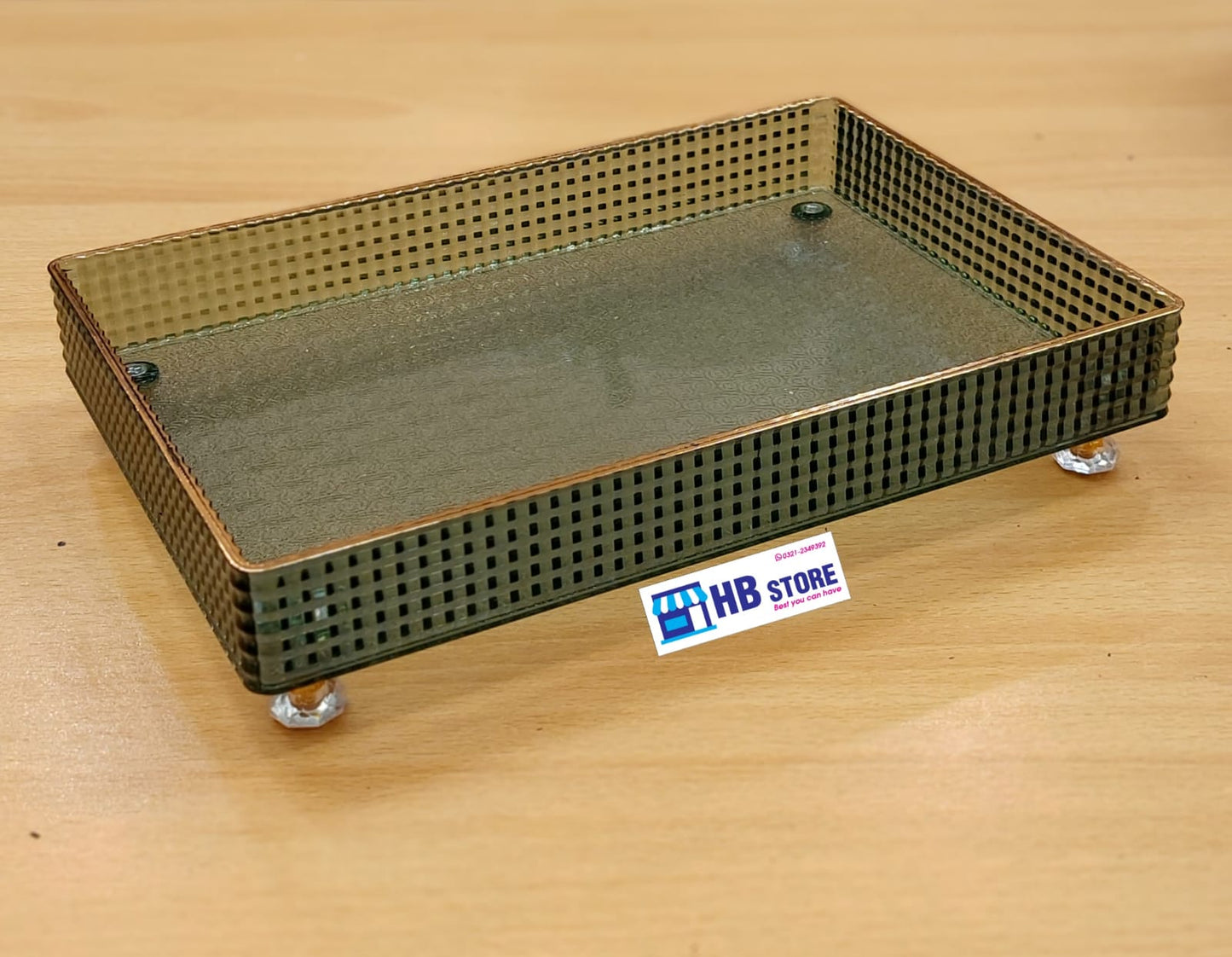 The Luxe Checkered Vanity Tray | Elegant Green and Gold Glass/Resin Organizer with Crystal Feet