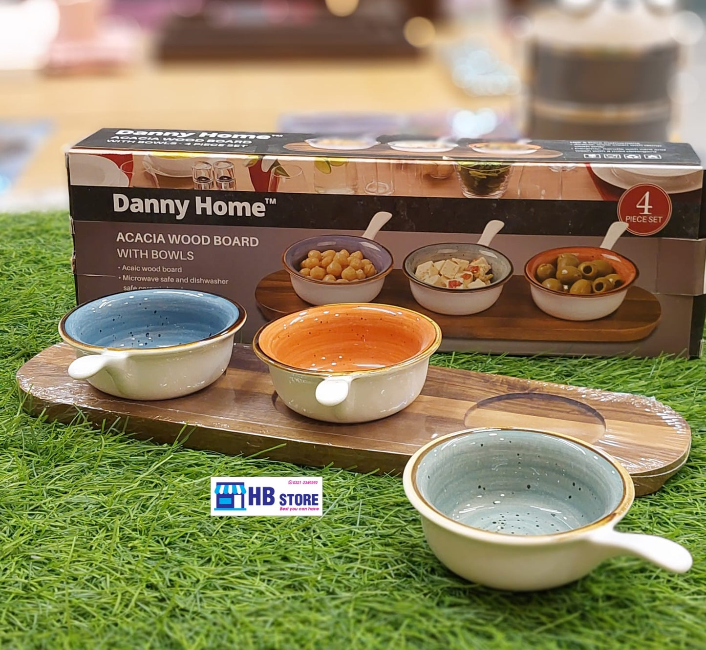 Danny Home 4-Piece Acacia Wood Serving Boards with Colorful Ceramic Dipping Bowls