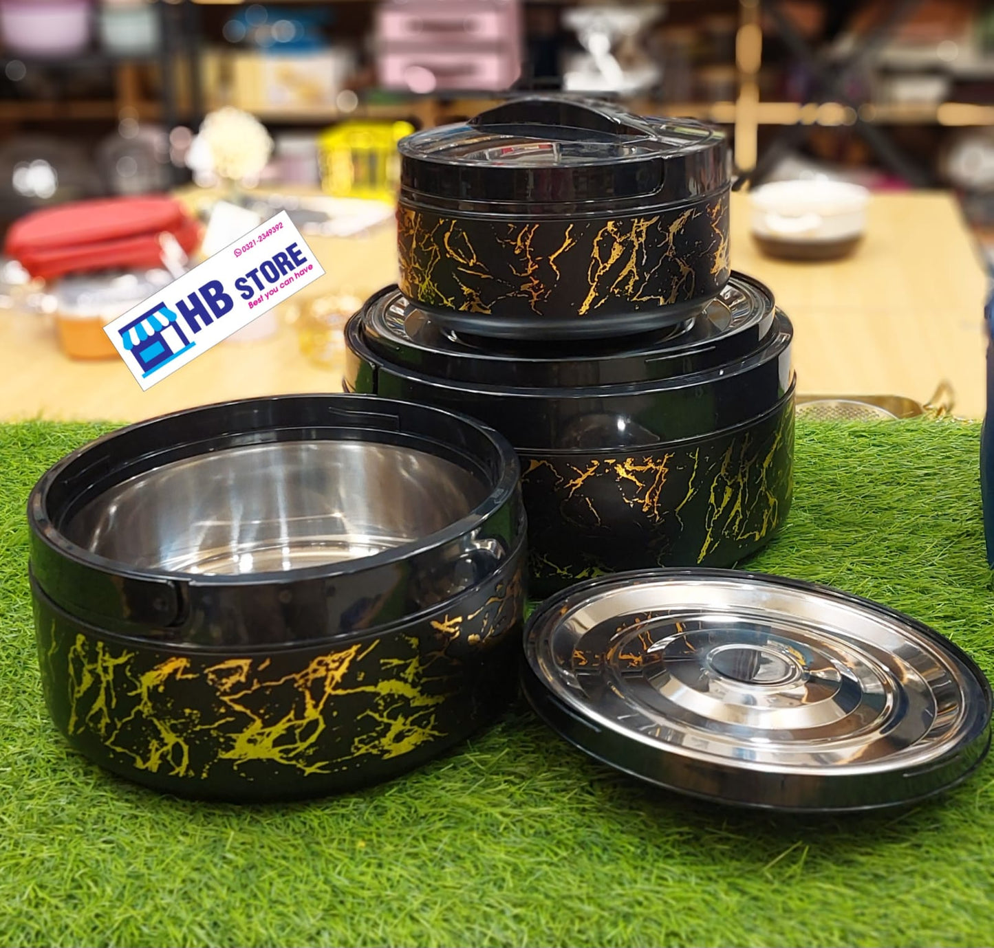 Marble Finish 3Pcs Insulated Hotpot Set – Black Edition