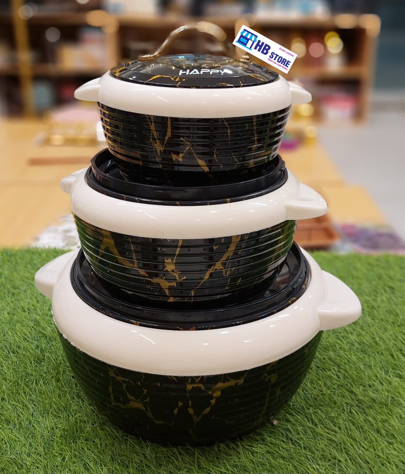 Black Marble Design Insulated Hot Pot Casserole Set (3 Pcs)