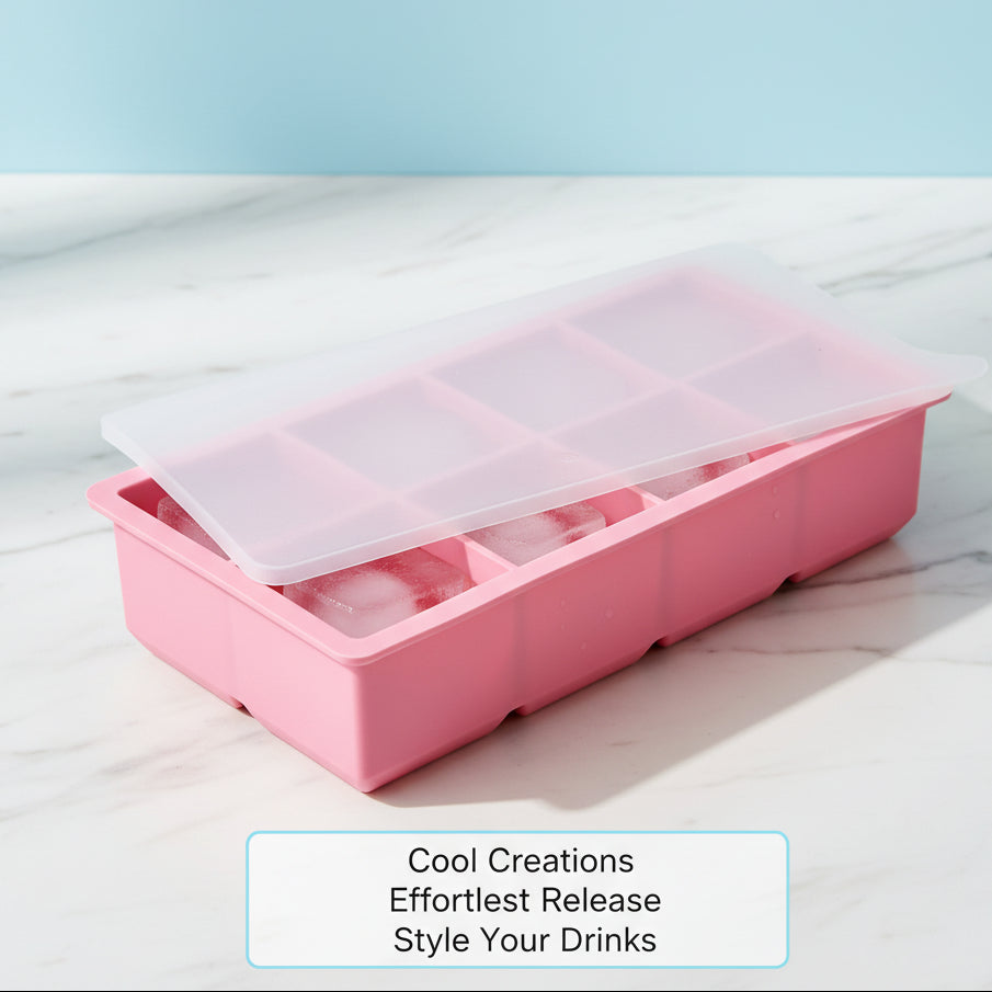 Large cube silicone ice cube trays with clear lids.