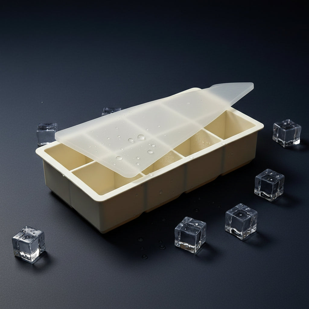 Large cube silicone ice cube trays with clear lids.