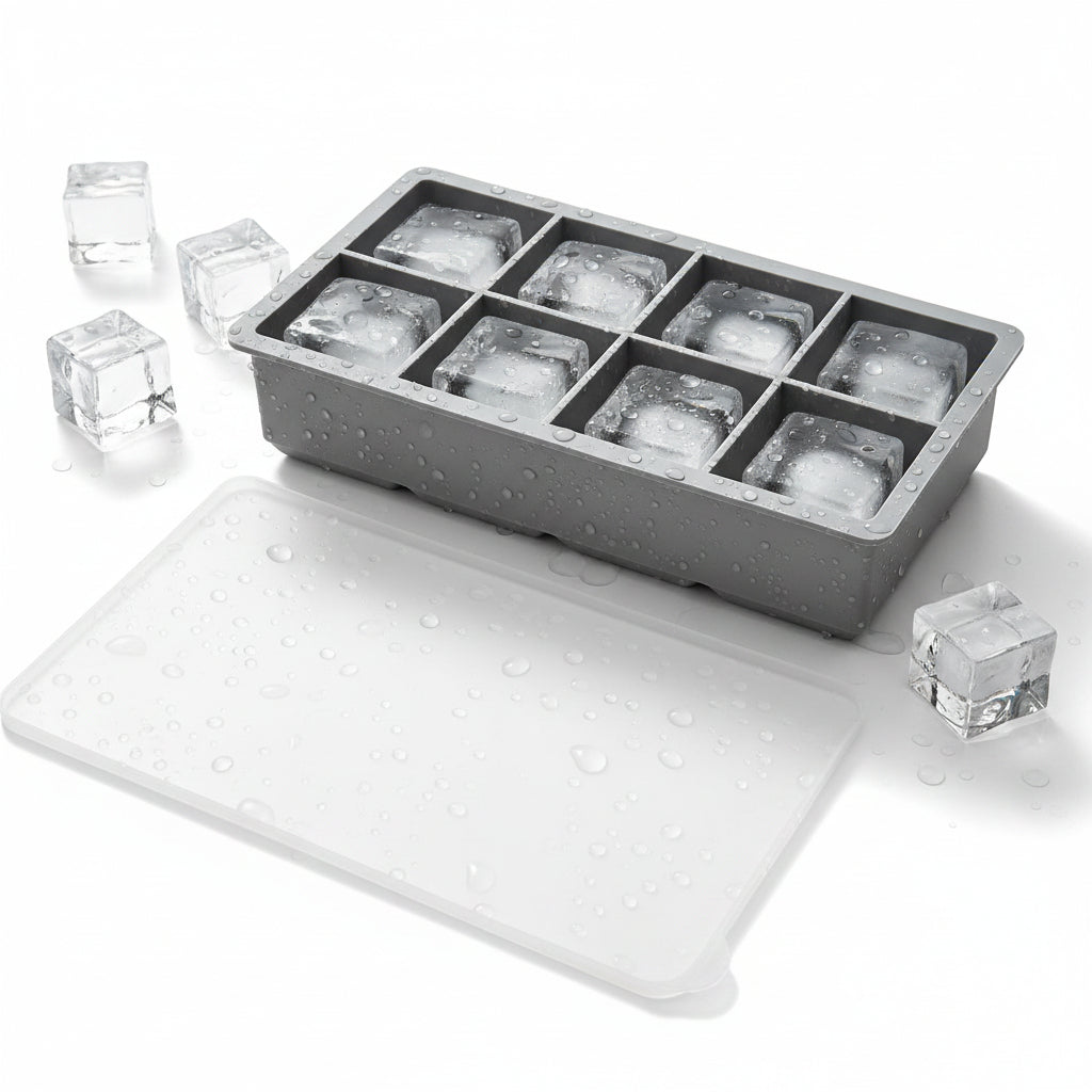 Large cube silicone ice cube trays with clear lids.
