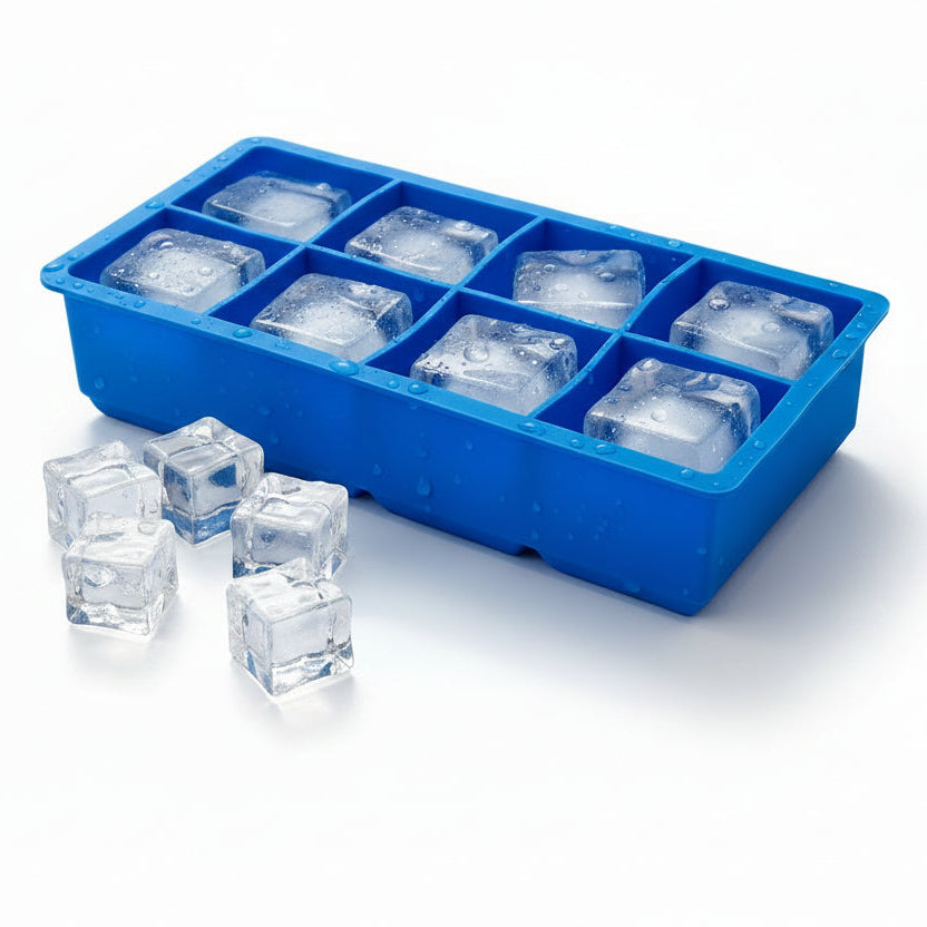Large cube silicone ice cube trays with clear lids.