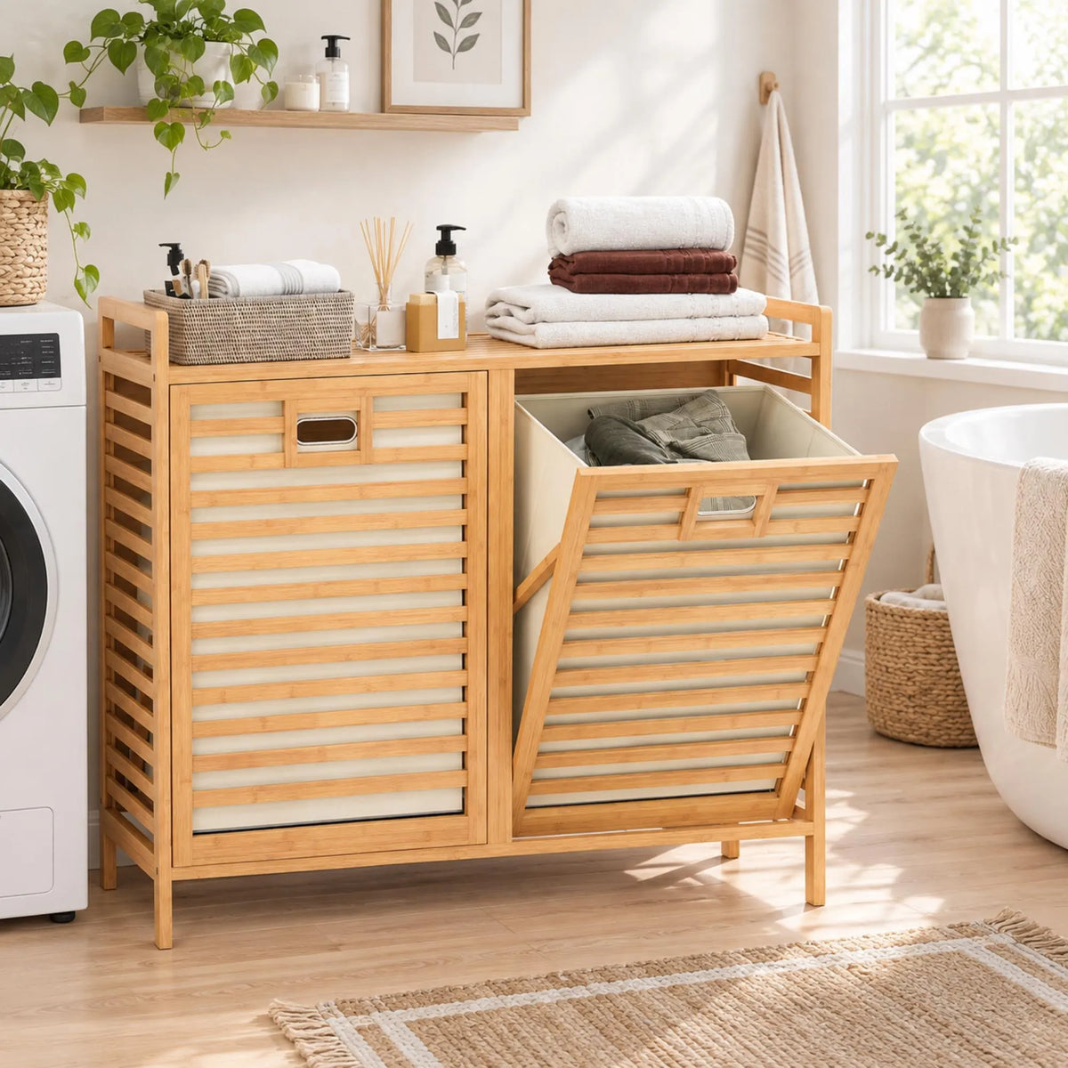 Eco-Friendly Bamboo Tilt-Out Laundry Hamper & Storage Cabinet