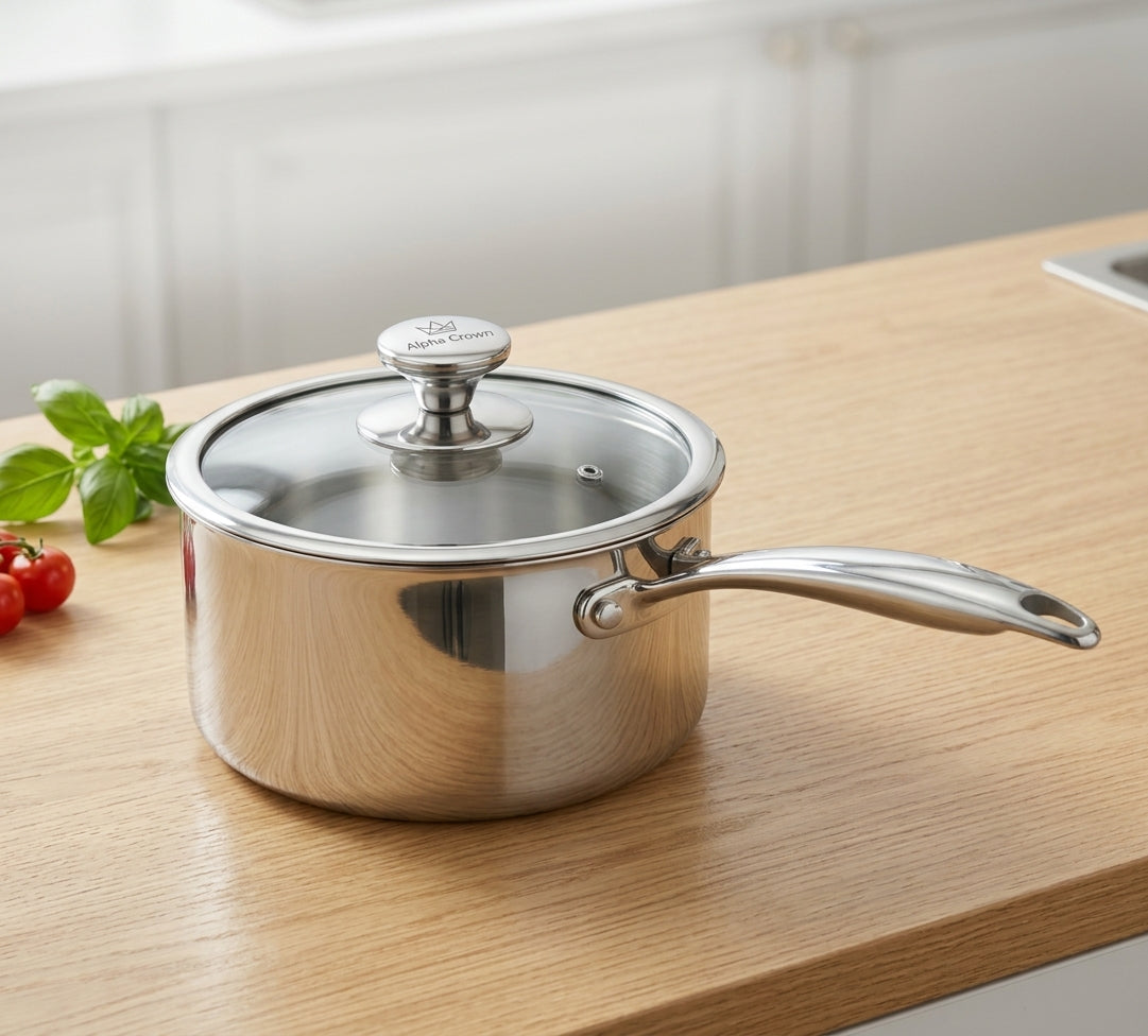 Alpha Crown Tri-Ply Stainless Steel Saucepan (With Glass Lid)