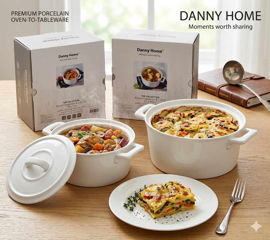 Danny Home White Porcelain Round Casserole Dish with Lid
