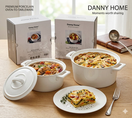 Danny Home White Porcelain Round Casserole Dish with Lid