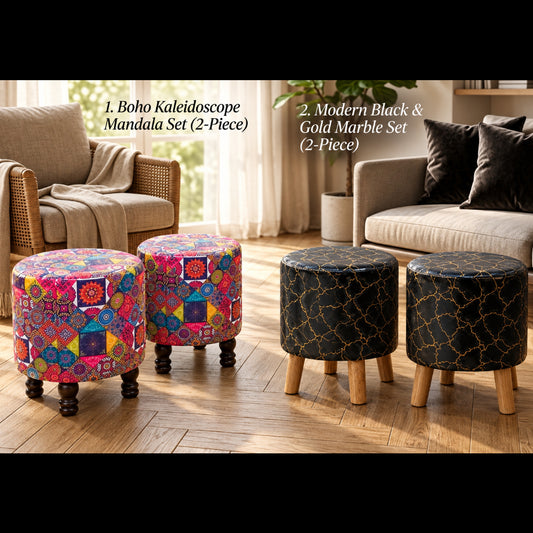 Boho Kaleidoscope Round Ottoman Stool Set