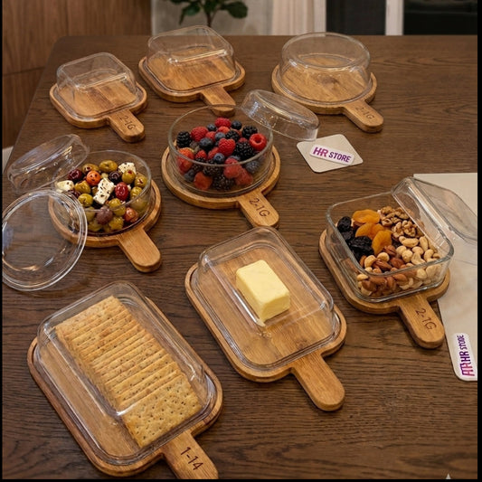 Premium Glass Serving Dish with Handled Bamboo Tray & Lid