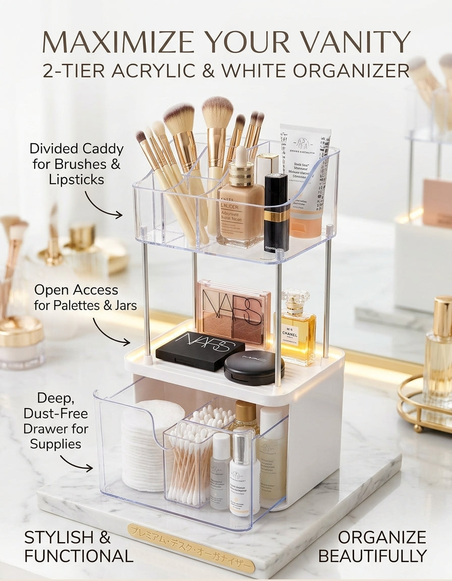 2-Tier Acrylic Makeup & Skincare Vanity Organizer with Clear Drawer
