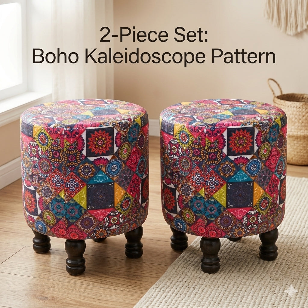 Boho Kaleidoscope Round Ottoman Stool Set