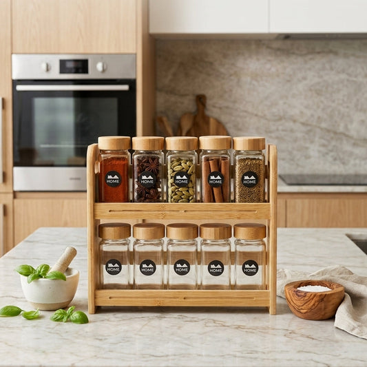 10-Piece Bamboo Spice Rack Set with Glass Jars