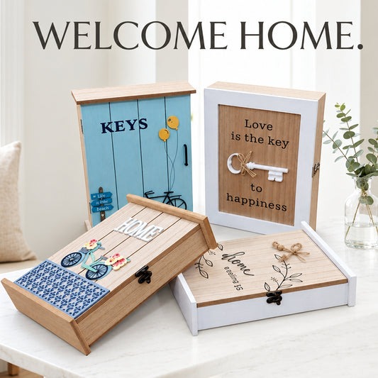 Decorative Wood Key Holder Organizer with Hinged Door