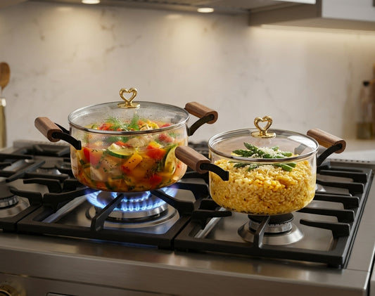 Heritage Transparent Glass Cooking Pot with Wooden Handles