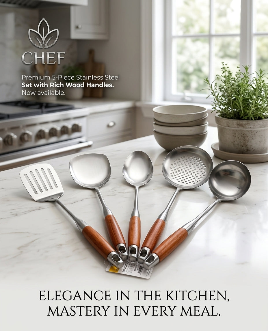 Classic Wood & Steel 5-Piece Cooking Tool Set