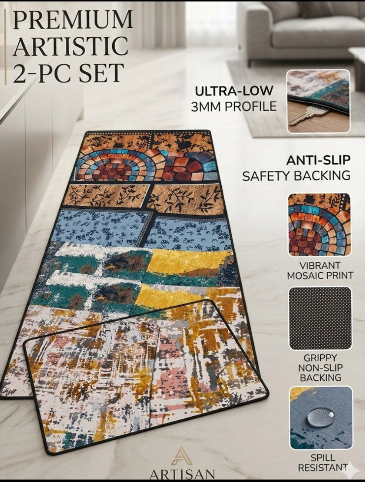 Artisan Floors Ultra-Low 3mm Non-Slip Artistic 2-Piece Rug Set