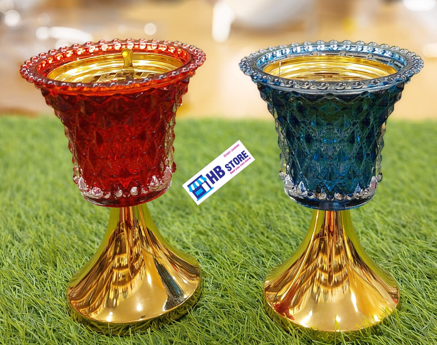 Elegant Red and Blue Glass Incense Burners with Gold Base
