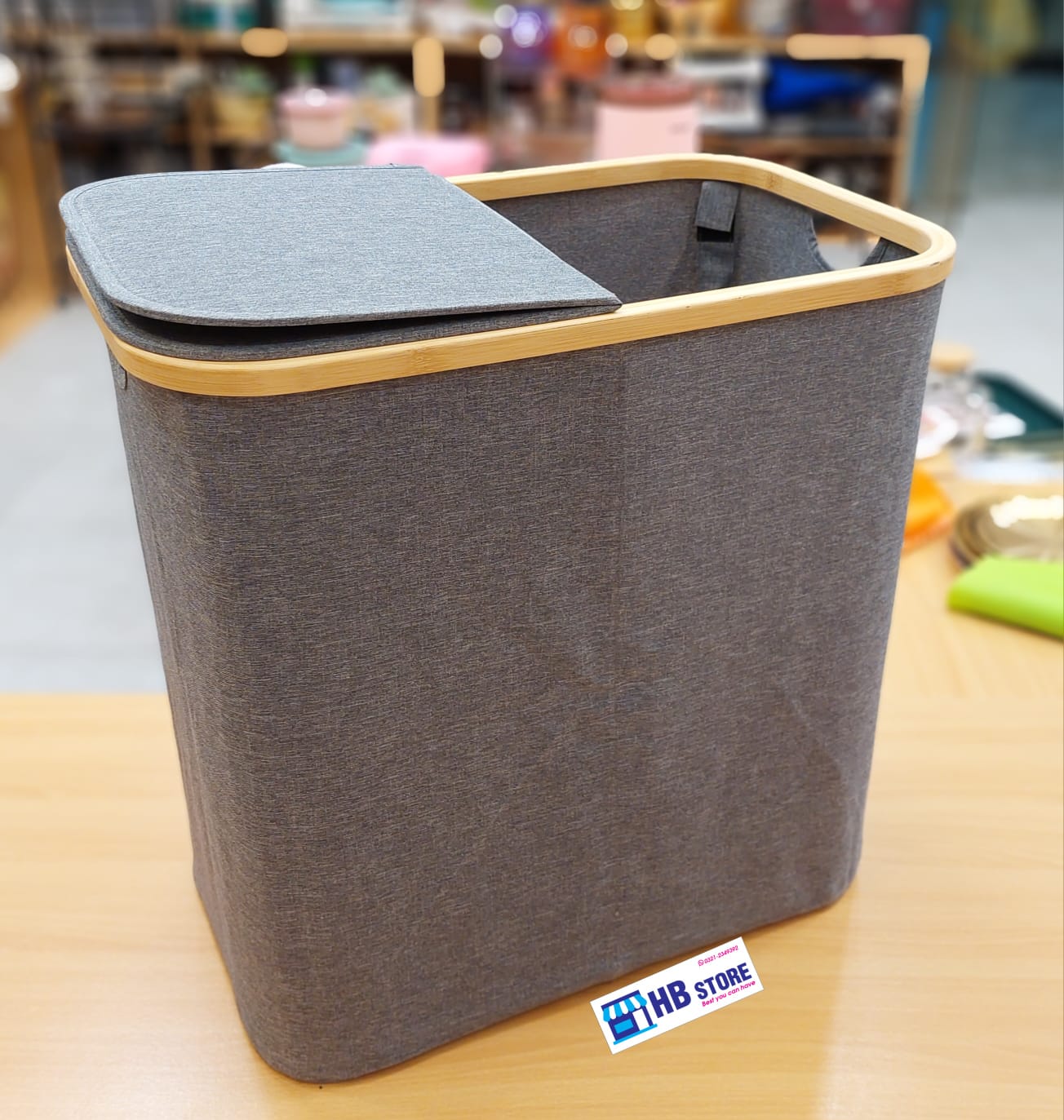 Modern Bamboo Laundry Hamper with Lid and Inner Pocket, Foldable Large Capacity Dirty Clothes Basket